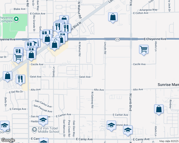 map of restaurants, bars, coffee shops, grocery stores, and more near 2950 Aries Circle in Las Vegas