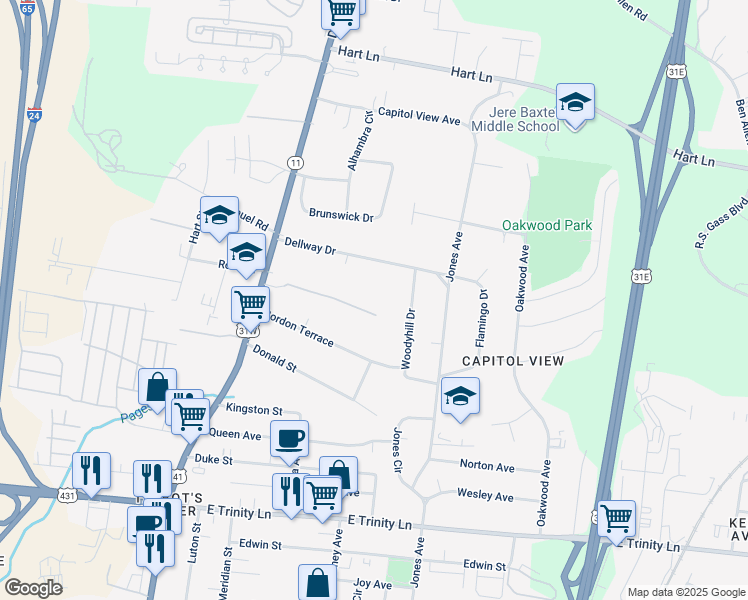 map of restaurants, bars, coffee shops, grocery stores, and more near 256 Dellway Villa Road in Nashville