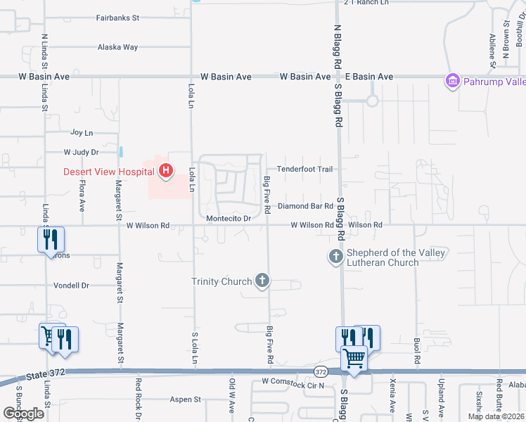 map of restaurants, bars, coffee shops, grocery stores, and more near 221 Montecito Drive in Pahrump