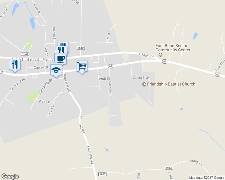 map of restaurants, bars, coffee shops, grocery stores, and more near 317 Benbow Drive in East Bend