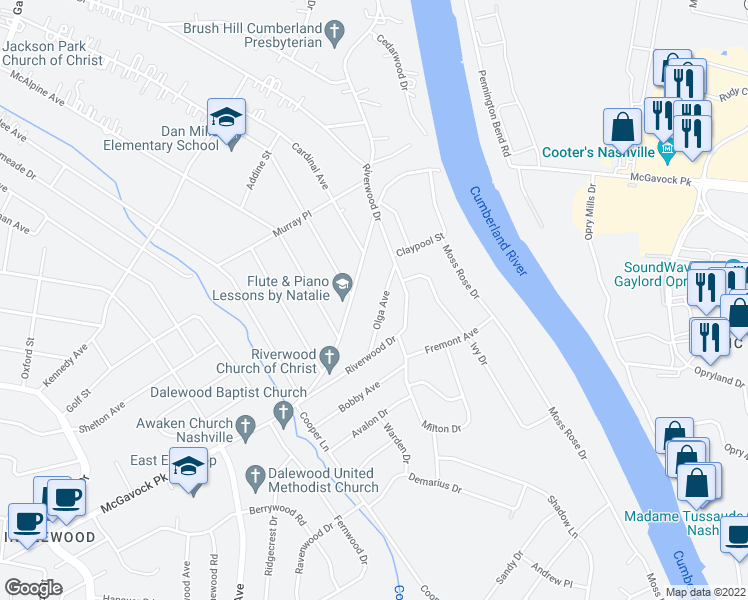 map of restaurants, bars, coffee shops, grocery stores, and more near 2019B Olga Avenue in Nashville