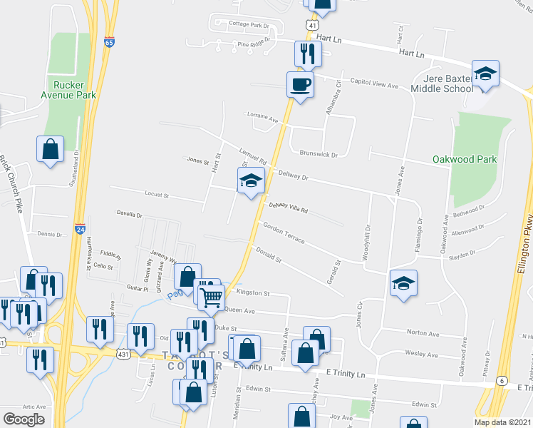 map of restaurants, bars, coffee shops, grocery stores, and more near 2523 Dickerson Pike in Nashville