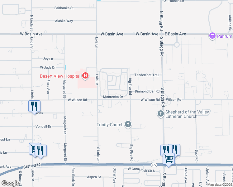 map of restaurants, bars, coffee shops, grocery stores, and more near 451 Brentwood Drive in Pahrump