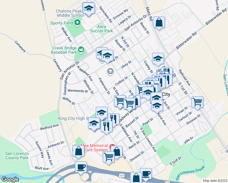 map of restaurants, bars, coffee shops, grocery stores, and more near 321 North San Lorenzo Street in King City