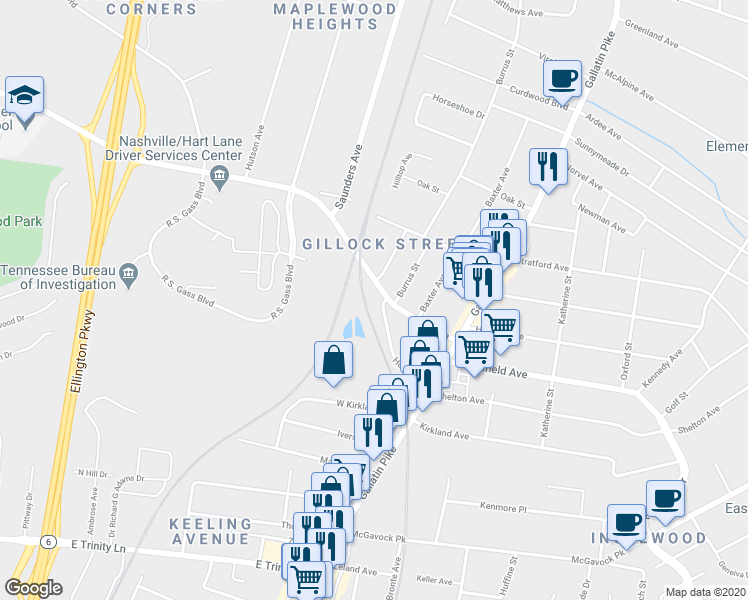 map of restaurants, bars, coffee shops, grocery stores, and more near 906 Hart Lane in Nashville