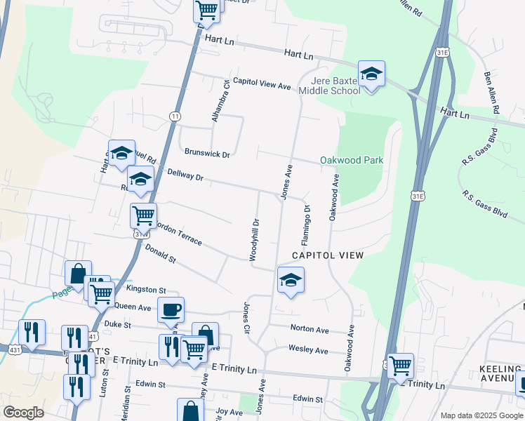 map of restaurants, bars, coffee shops, grocery stores, and more near 2629 Woodyhill Drive in Nashville