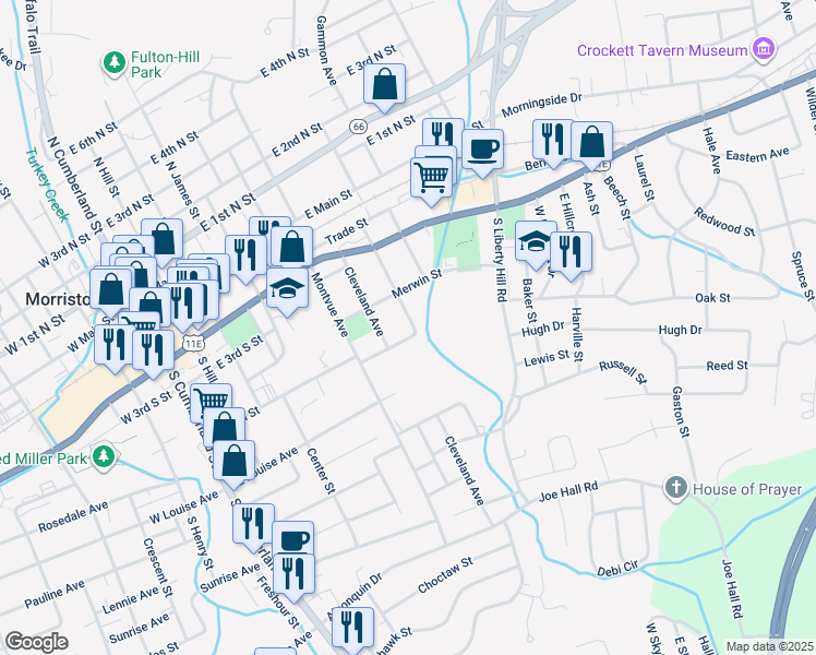 map of restaurants, bars, coffee shops, grocery stores, and more near 442 Locust Street in Morristown