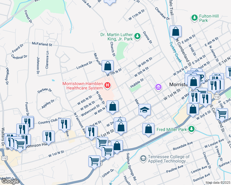 map of restaurants, bars, coffee shops, grocery stores, and more near 815 West 5th North Street in Morristown