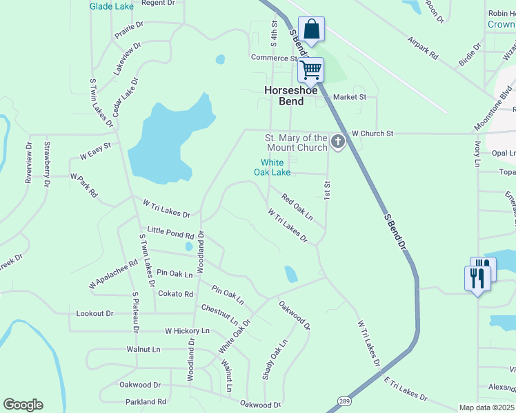 map of restaurants, bars, coffee shops, grocery stores, and more near 613 West Tri Lakes Drive in Horseshoe Bend