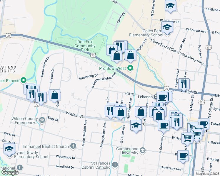 map of restaurants, bars, coffee shops, grocery stores, and more near 400 Morris Lane in Lebanon