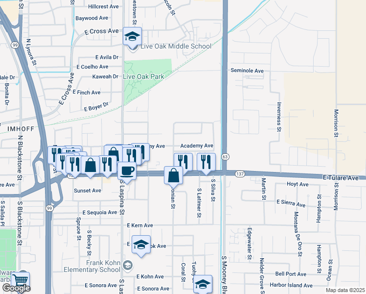 map of restaurants, bars, coffee shops, grocery stores, and more near 1947 Academy Avenue in Tulare
