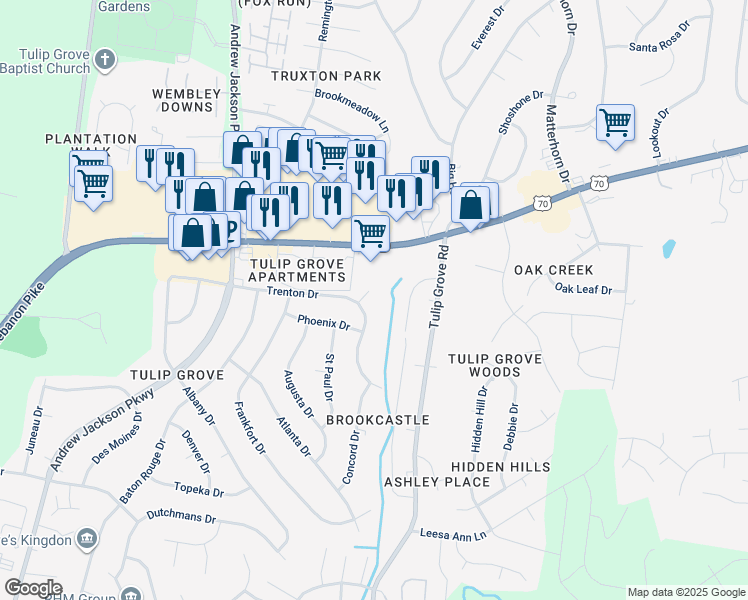 map of restaurants, bars, coffee shops, grocery stores, and more near 4742 Trenton Drive in Nashville