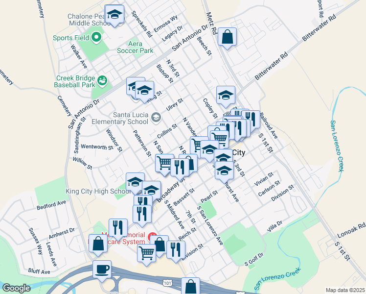 map of restaurants, bars, coffee shops, grocery stores, and more near 431 Ellis Street in King City