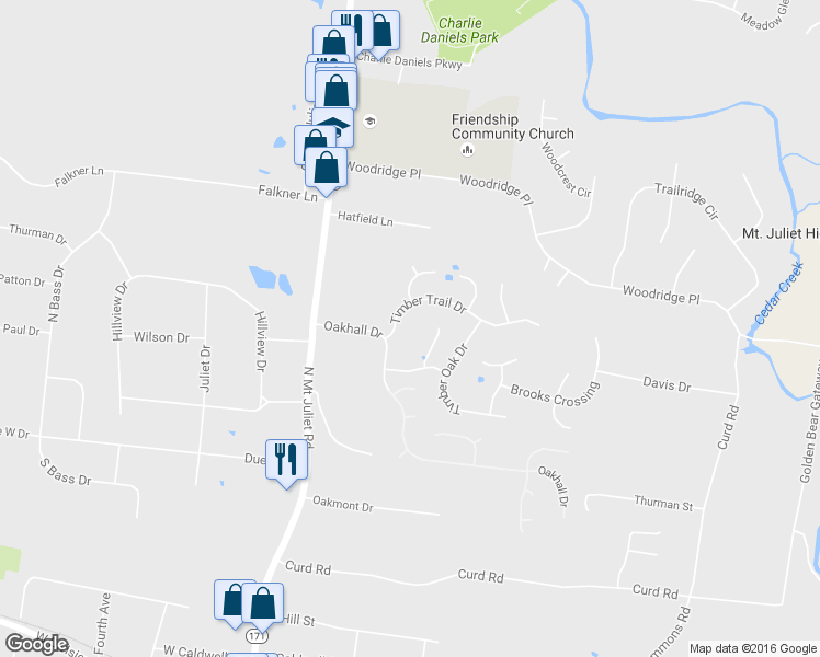 map of restaurants, bars, coffee shops, grocery stores, and more near 111 Timber Trail in Mount Juliet
