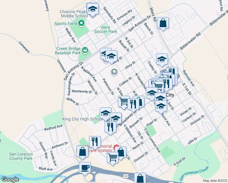 map of restaurants, bars, coffee shops, grocery stores, and more near 321 North San Lorenzo Street in King City