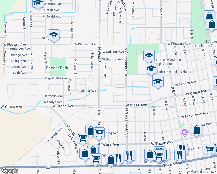map of restaurants, bars, coffee shops, grocery stores, and more near 1213 Santa Cruz Avenue in Tulare