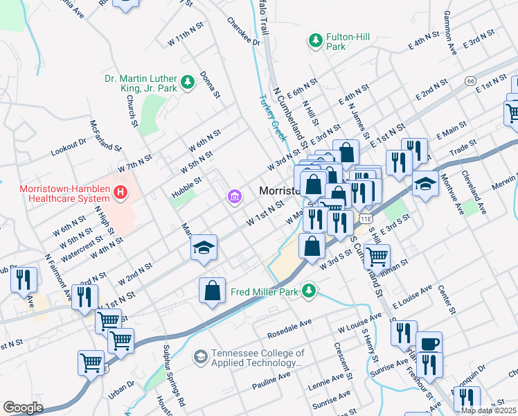map of restaurants, bars, coffee shops, grocery stores, and more near 400 West 1st North Street in Morristown