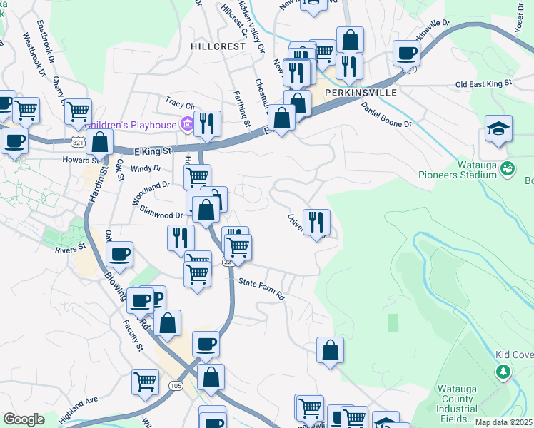 map of restaurants, bars, coffee shops, grocery stores, and more near 165 Robin Lane in Boone