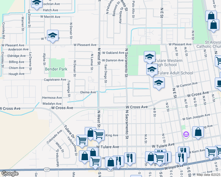 map of restaurants, bars, coffee shops, grocery stores, and more near 1213 Santa Cruz Avenue in Tulare