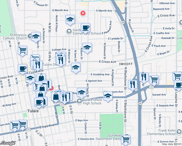 map of restaurants, bars, coffee shops, grocery stores, and more near 822 East Academy Avenue in Tulare