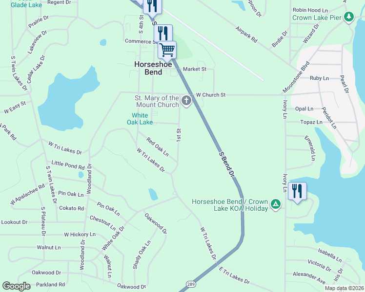 map of restaurants, bars, coffee shops, grocery stores, and more near 1300 1st Street in Horseshoe Bend