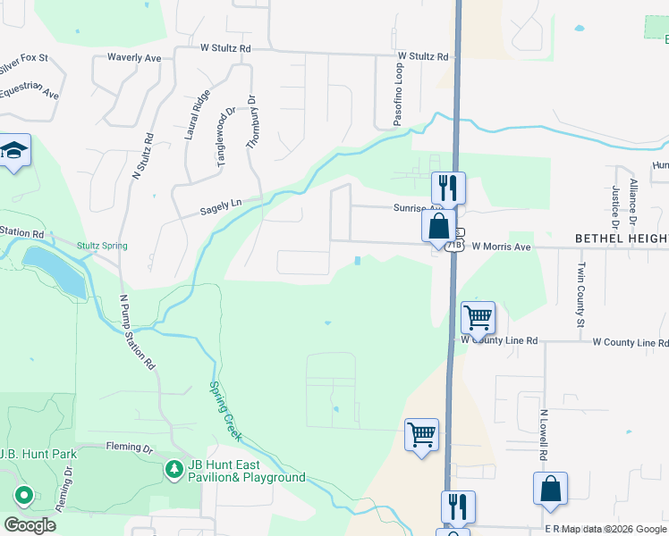 map of restaurants, bars, coffee shops, grocery stores, and more near 3187 Oglethorpe Street in Springdale