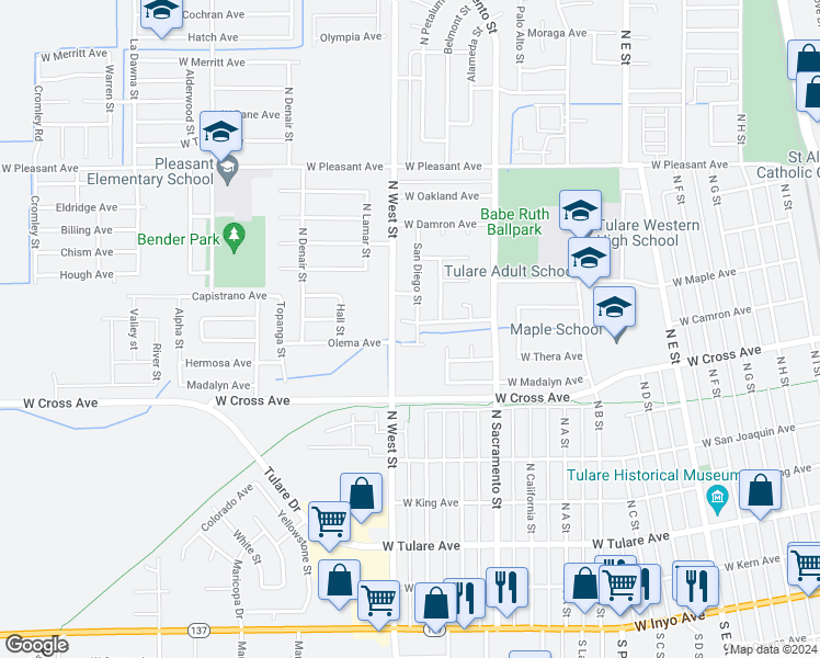 map of restaurants, bars, coffee shops, grocery stores, and more near 1275 Santa Cruz Avenue in Tulare