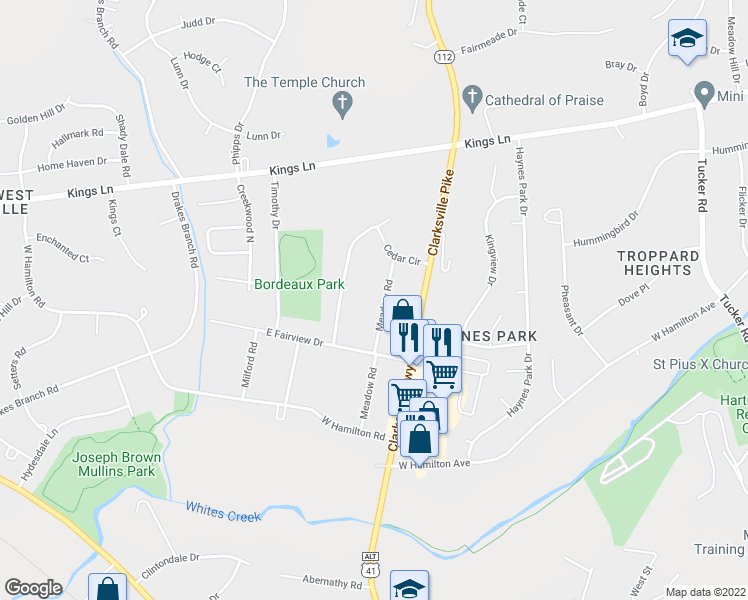 map of restaurants, bars, coffee shops, grocery stores, and more near 4013 Meadow Road in Nashville
