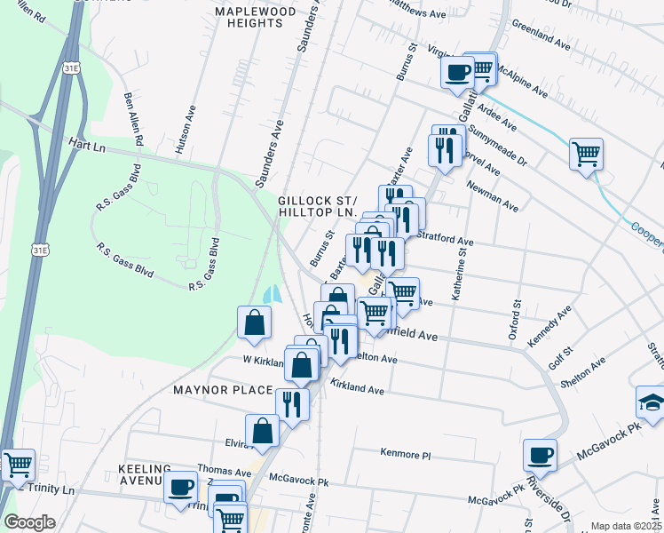 map of restaurants, bars, coffee shops, grocery stores, and more near 3704 Burrus Street in Nashville