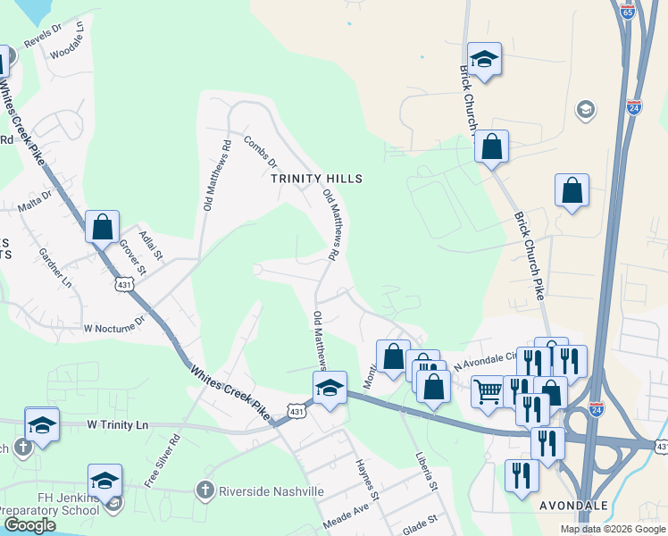 map of restaurants, bars, coffee shops, grocery stores, and more near 2611 Old Matthews Road in Nashville