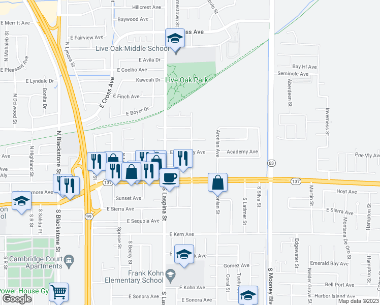 map of restaurants, bars, coffee shops, grocery stores, and more near 1975 East Academy Avenue in Tulare