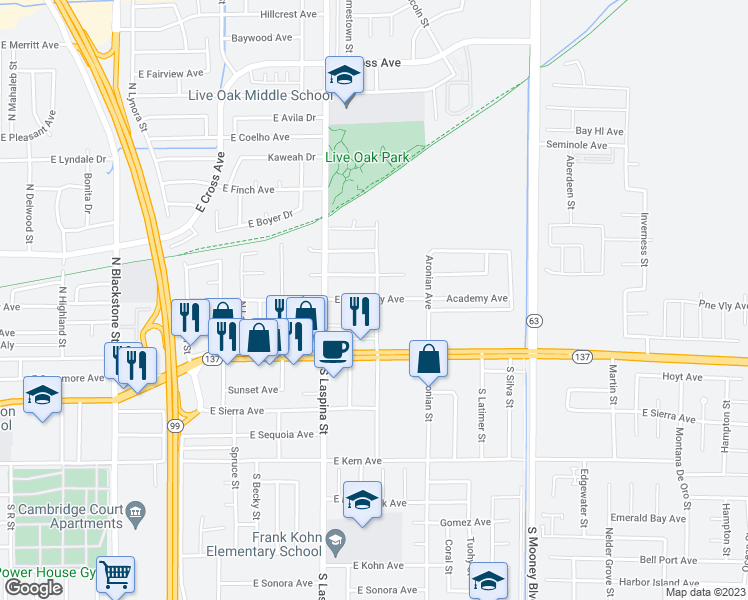 map of restaurants, bars, coffee shops, grocery stores, and more near 2031 East Academy Avenue in Tulare