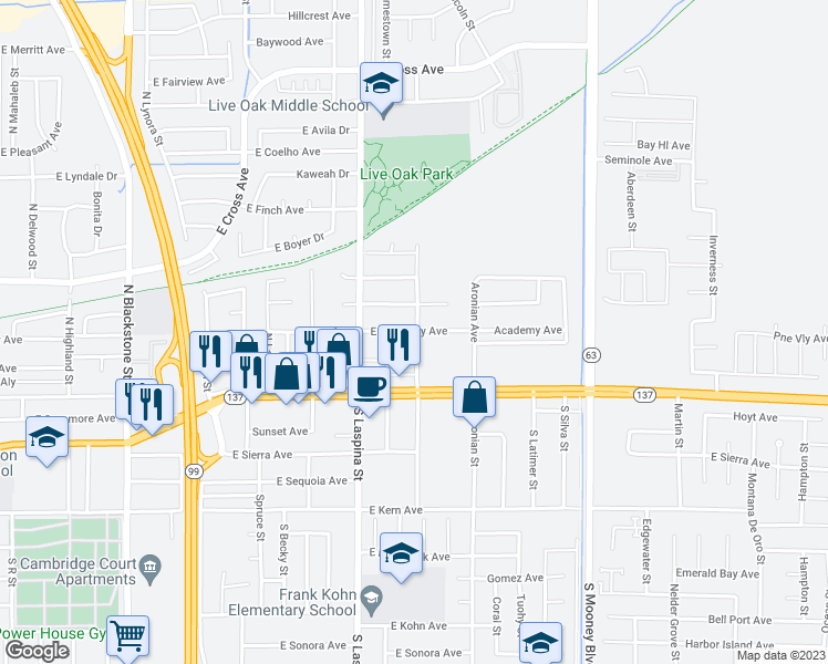 map of restaurants, bars, coffee shops, grocery stores, and more near 1951 East Academy Avenue in Tulare