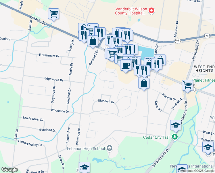 map of restaurants, bars, coffee shops, grocery stores, and more near 302 Ridgecreek Crossing in Lebanon