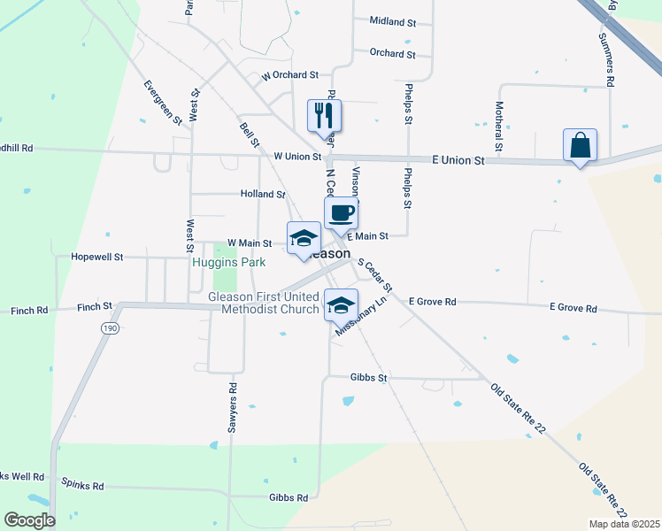 map of restaurants, bars, coffee shops, grocery stores, and more near Tennessee 190 in Gleason