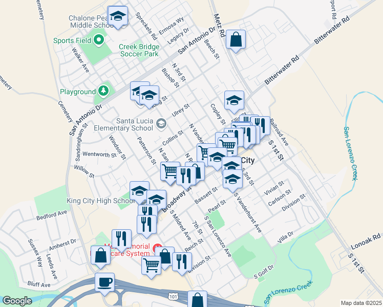 map of restaurants, bars, coffee shops, grocery stores, and more near 427 Ellis Street in King City