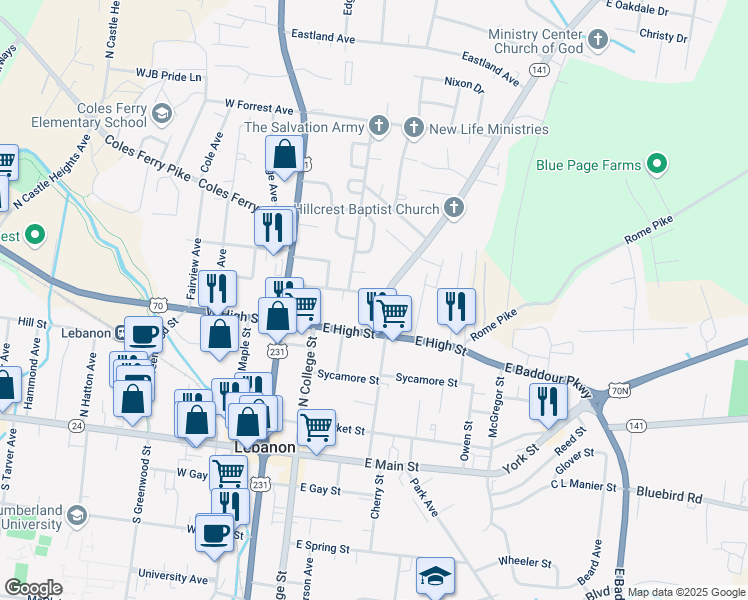 map of restaurants, bars, coffee shops, grocery stores, and more near 411 Hartsville Pike in Lebanon