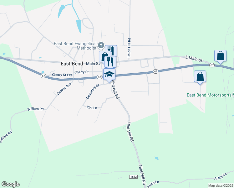 map of restaurants, bars, coffee shops, grocery stores, and more near 321 Flint Hill Road in East Bend