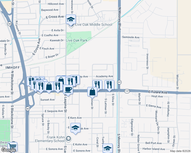 map of restaurants, bars, coffee shops, grocery stores, and more near 1901 Academy Avenue in Tulare