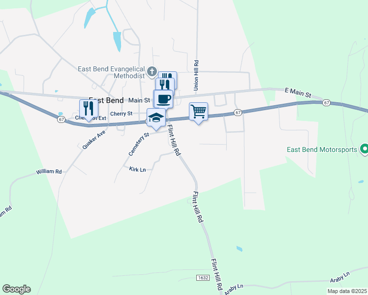 map of restaurants, bars, coffee shops, grocery stores, and more near 321 Flint Hill Road in East Bend