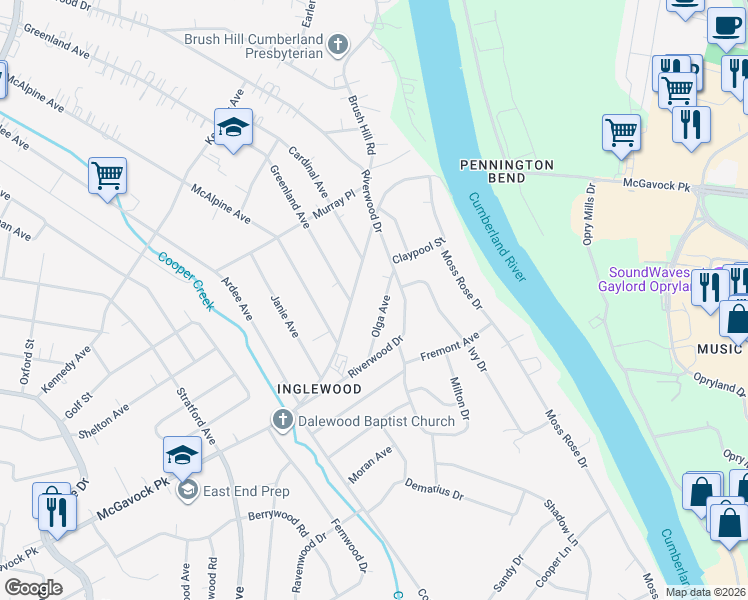 map of restaurants, bars, coffee shops, grocery stores, and more near 2019B Olga Avenue in Nashville