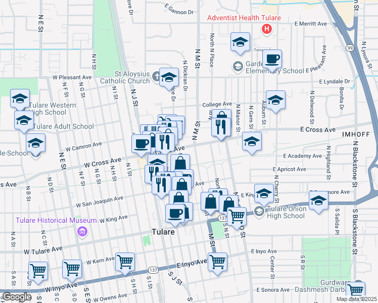 map of restaurants, bars, coffee shops, grocery stores, and more near 475 North M Street in Tulare