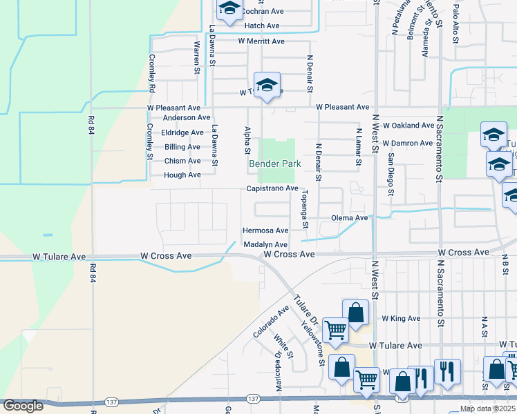 map of restaurants, bars, coffee shops, grocery stores, and more near 1750-1789 Santa Cruz Drive West in Tulare