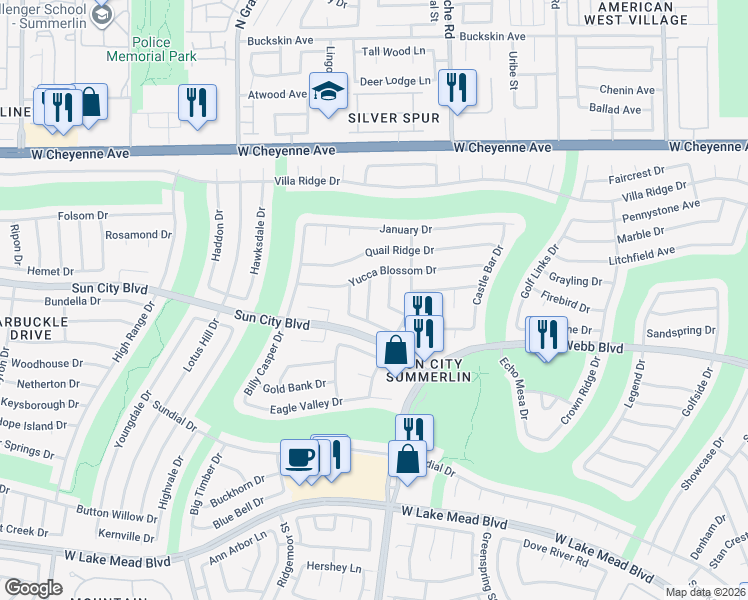 map of restaurants, bars, coffee shops, grocery stores, and more near 2836 Bluff Point Drive in Las Vegas