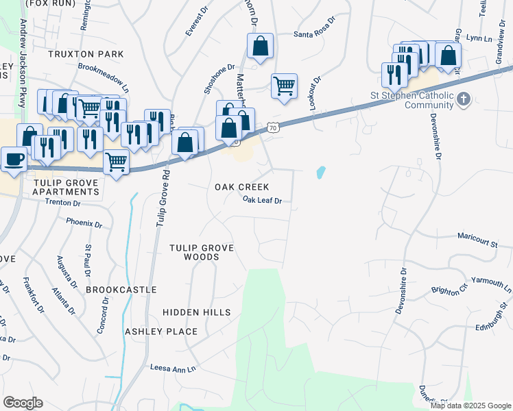map of restaurants, bars, coffee shops, grocery stores, and more near 821 Oak Leaf Drive in Nashville