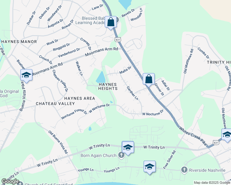 map of restaurants, bars, coffee shops, grocery stores, and more near 2513 Shreeve Lane in Nashville