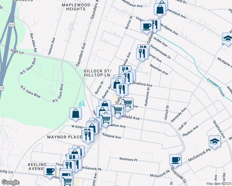 map of restaurants, bars, coffee shops, grocery stores, and more near 3617 Gallatin Pike in Nashville