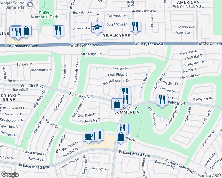 map of restaurants, bars, coffee shops, grocery stores, and more near 2836 Bluff Point Drive in Las Vegas