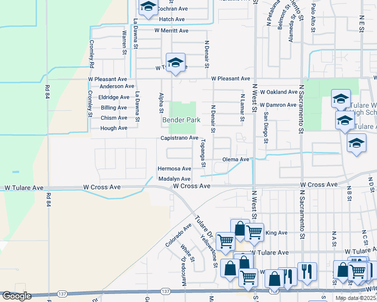 map of restaurants, bars, coffee shops, grocery stores, and more near 1714 Santa Cruz Drive West in Tulare