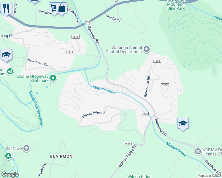 map of restaurants, bars, coffee shops, grocery stores, and more near Bluebird Lane in Boone